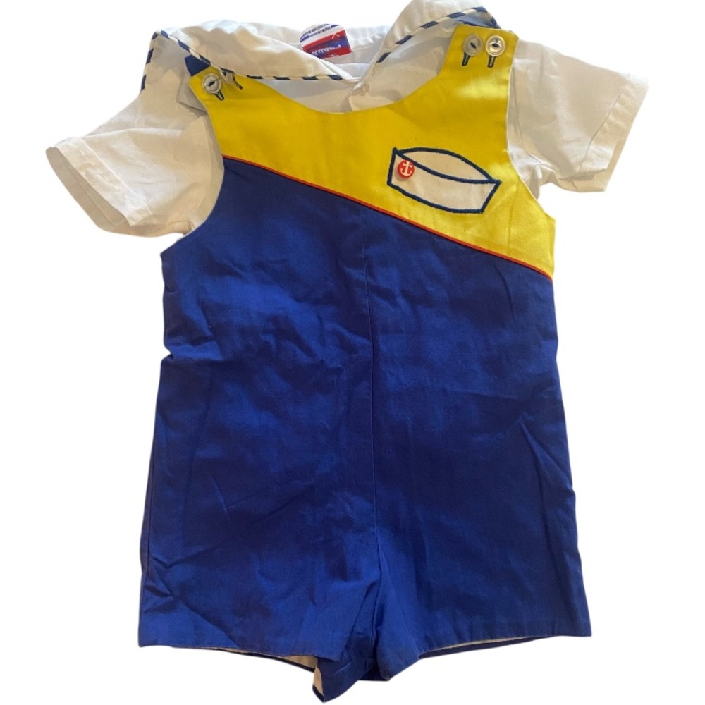 Vintage Sailor Blue Button Up Cotton Overall w/ White Button Up Shirt / Kids 4
